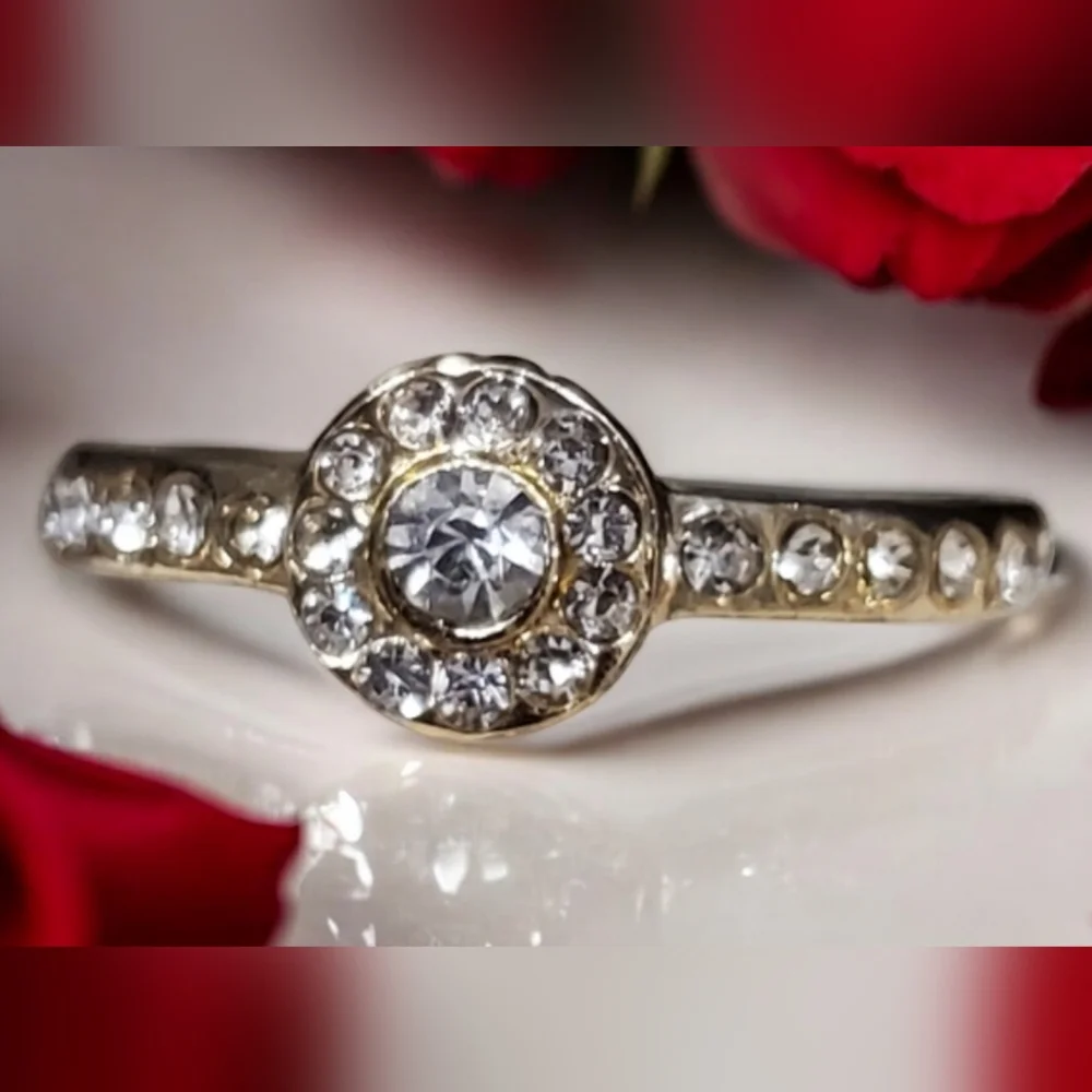 Rhinestone Halo Engagement Ring Pave Solitaire Crystals Goldtone Size 6 3/4